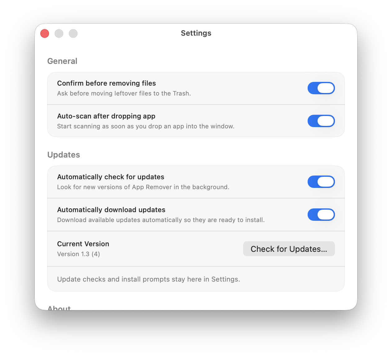 App Remover settings interface